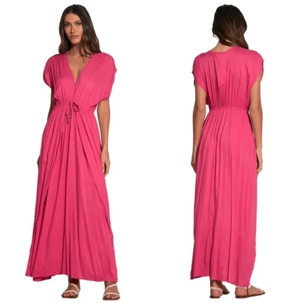 Elan Deep V-Neck Wrap Maxi Coverup Dress Pink Small NWT